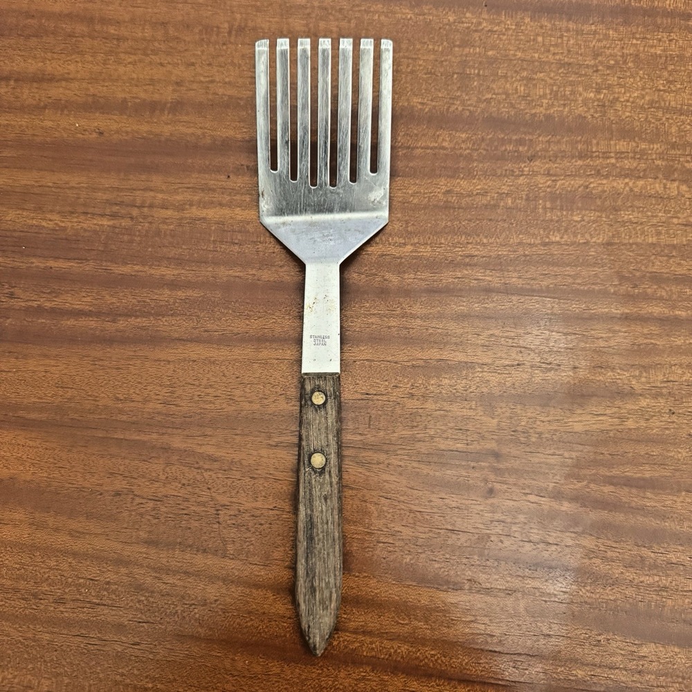 Vintage Slotted Serving Fork Spatula‎ Wooden Handle Stainless Steel 10" Japan